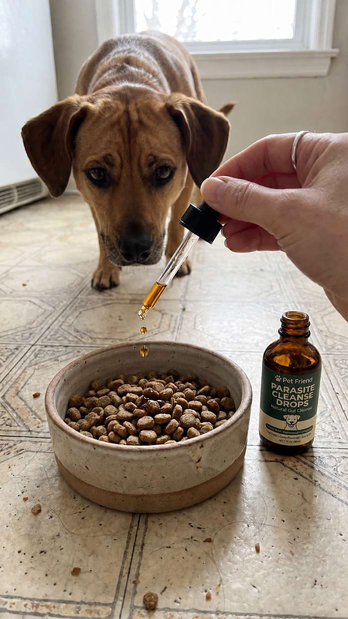 Dog waiting for the drops in his food bowl