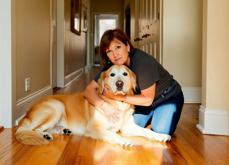 Owner hugging her Golden Retriever in the hallway