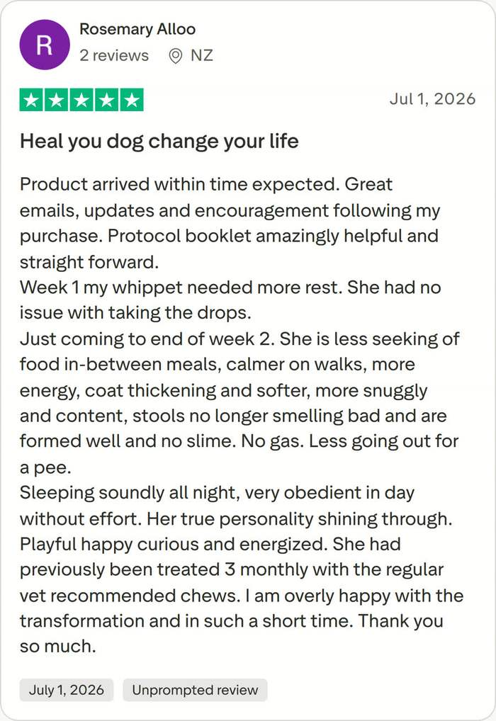 Trustpilot 5-star review by Rosemary Alloo (NZ): Heal you dog change your life