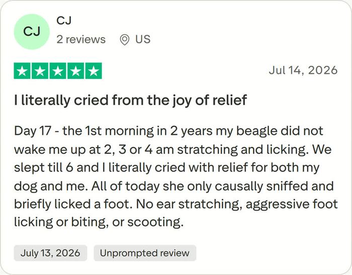 Trustpilot 5-star review by CJ (US): I literally cried from the joy of relief
