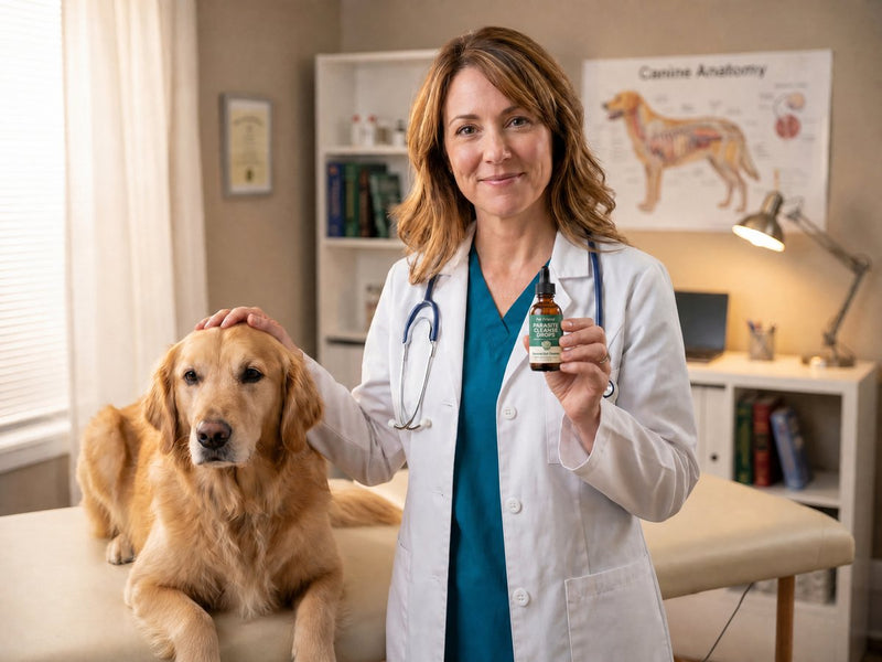 Veterinarian with a Golden Retriever and a bottle of drops