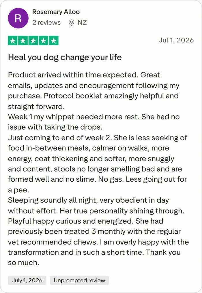 Trustpilot 5-star review by Rosemary Alloo (NZ): Heal you dog change your life